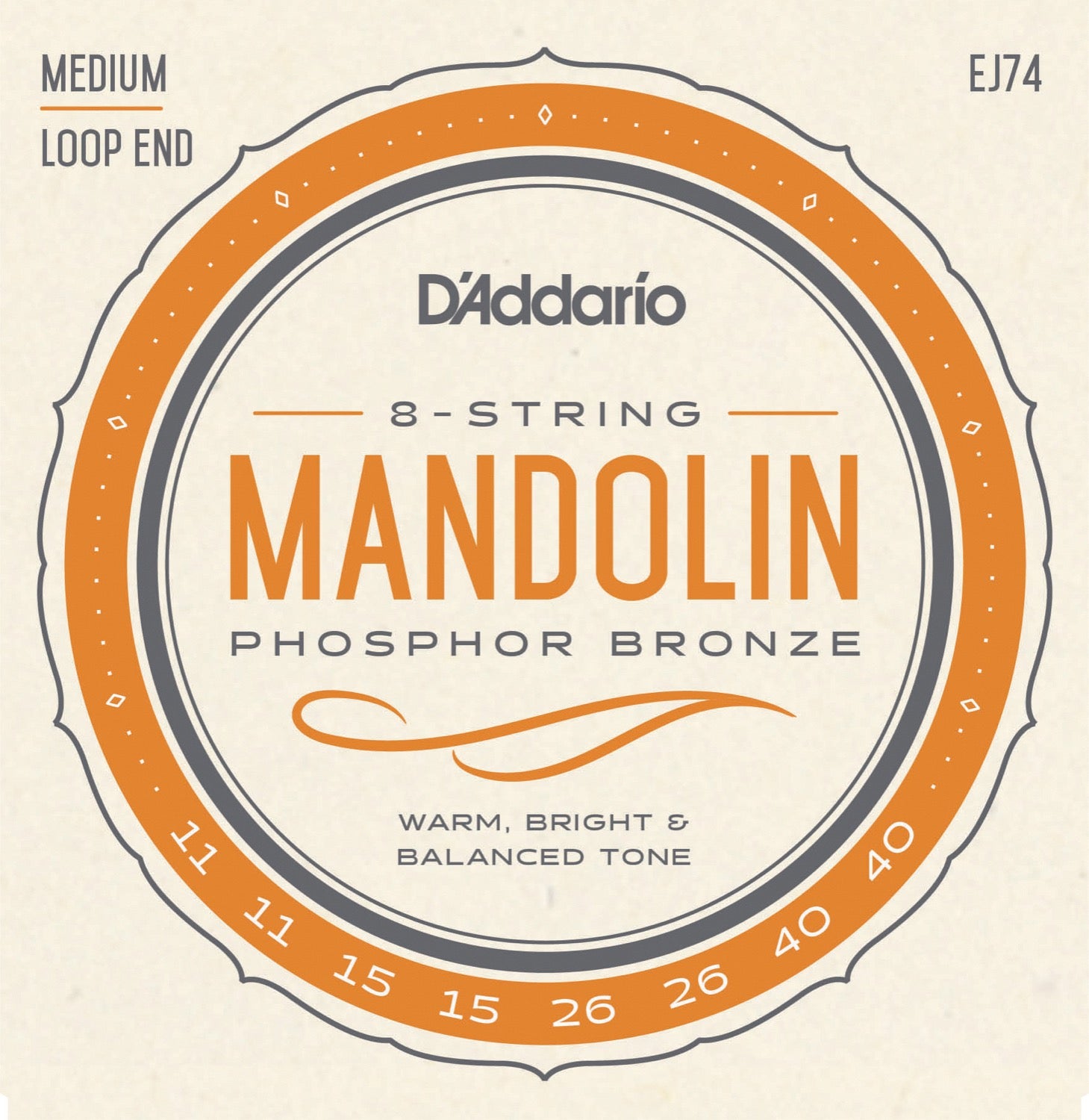 DADDARIO FRETTED EJ74 Strängset Mandolin Phosphor Bronze 011- 040 Medium