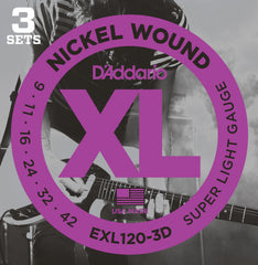 Daddario Exl120-3D Electric Guitar String Set Nickel Wound 009 -042 (3-Pack)